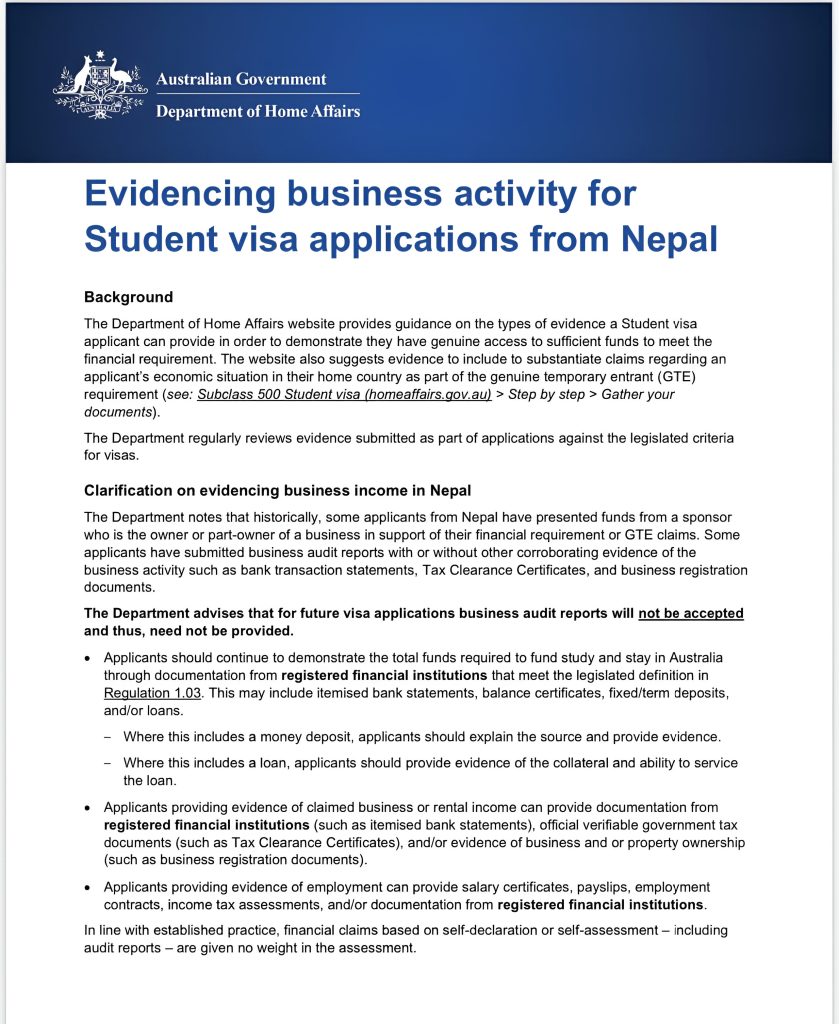 Australia Update – Evidencing business activity for Student visa applications from Nepal