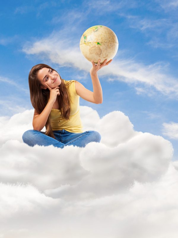 young student woman looking her world globe sitting on a cloud
